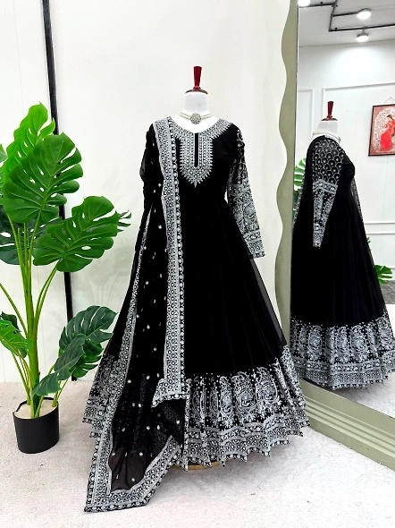 Elegant black Georgette anarkali suit with detailed embroidery, complemented by a beautifully embroi