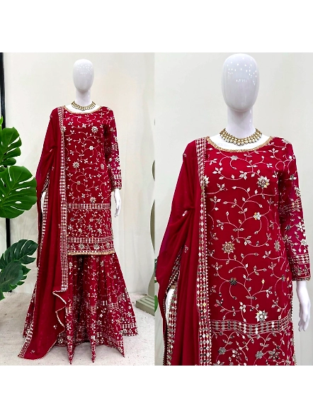 Elegant maroon Georgette lehenga suit with detailed embroidery and a coordinating dupatta, perfect f