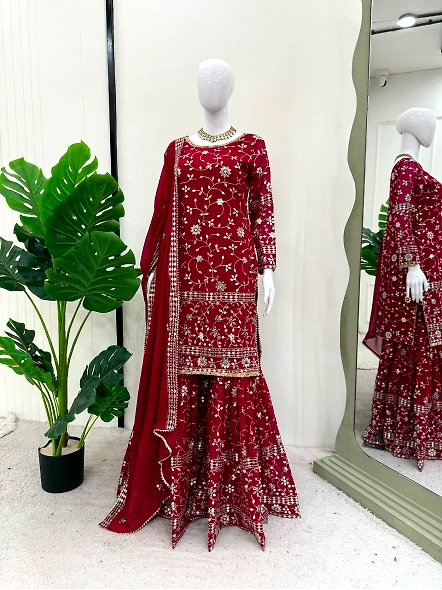 Maroon embroidered lehenga suit set in Georgette fabric, featuring a stylish dupatta adorned with in