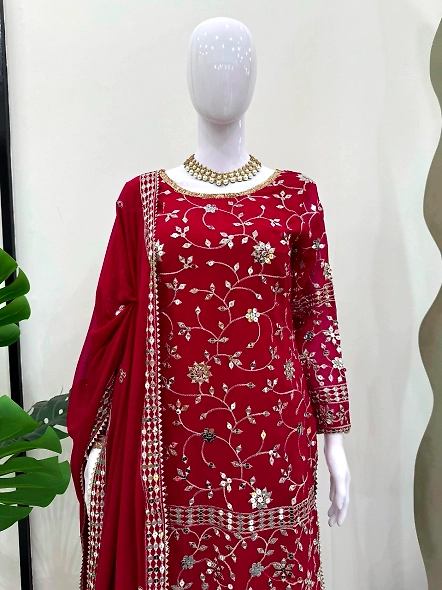 Stunning maroon Georgette lehenga suit with embroidery and a dupatta, designed for a sophisticated a