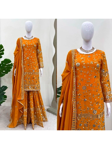 Yellow embroidered Georgette lehenga suit set with a matching dupatta, featuring intricate work deta