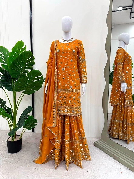 Yellow embroidered Georgette suit set with a dupatta, highlighting exquisite work and traditional de