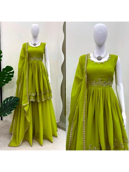 Parrot green Indian gown featuring intricate embroidery, designed as a ready-to-wear palazzo suit.