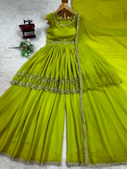 Parrot Green Color Ready To Wear Designer Palazzo Suits
