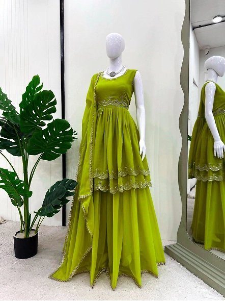 Ready-to-wear designer palazzo suit in parrot green, showcasing beautiful embroidered details on the