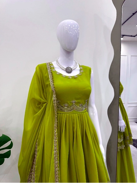 Parrot green embroidered gown, designed as a ready-to-wear palazzo suit, reflecting traditional Indi