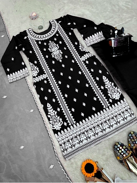 Chic black suit with white embroidery, showcasing exquisite chikan work on Roman silk.
