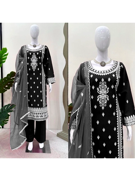 Black Roman silk suit featuring intricate white chikan embroidery.