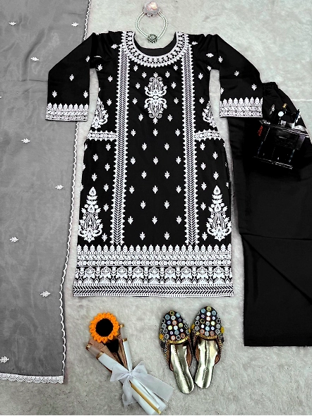 Black Roman silk suit with chikan work