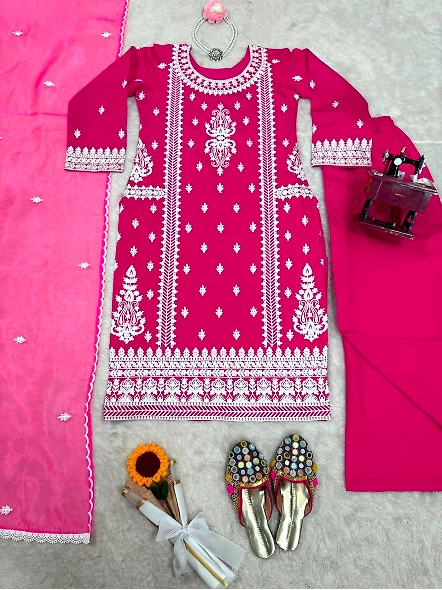 Pink Roman silk suit with chikan work