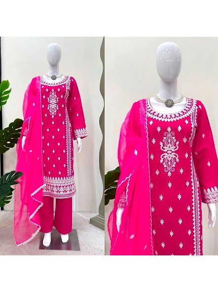Pink Roman silk suit featuring intricate white chikan embroidery.