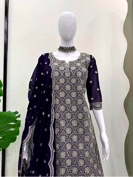 Stunning navy blue embroidered lehenga suit with a matching dupatta, perfect for formal occasions an