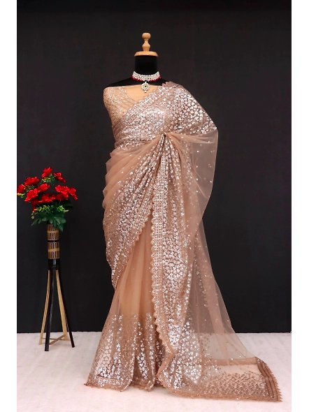 Exquisite Brown Net Saree-Brown-4