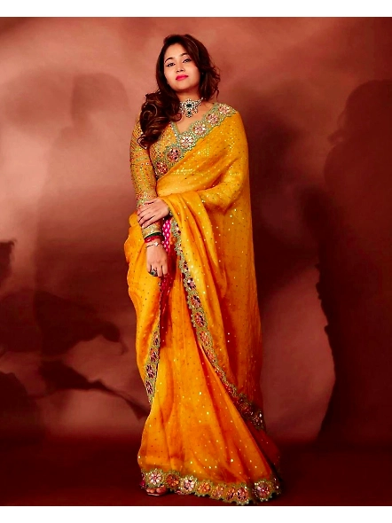 Yellow Georgette Mirror Work Saree-Yellow-1
