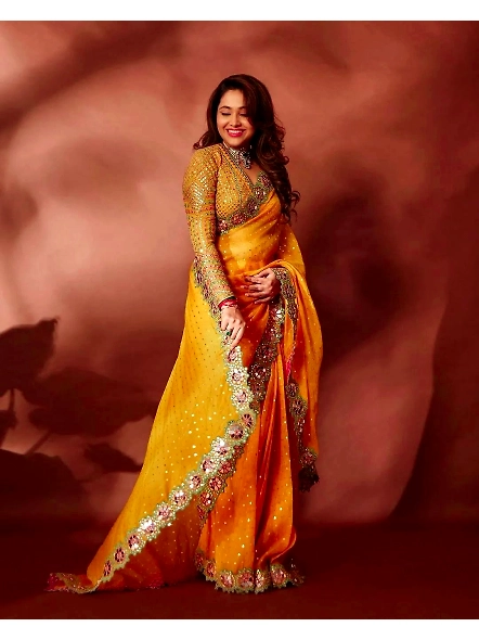 Yellow Georgette Mirror Work Saree-Yellow-2