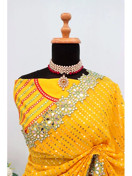 Yellow Georgette Mirror Work Saree-Yellow-3