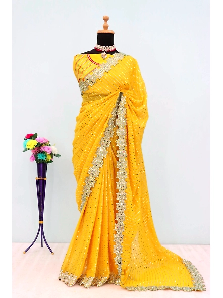 Yellow Georgette Mirror Work Saree-Yellow-4