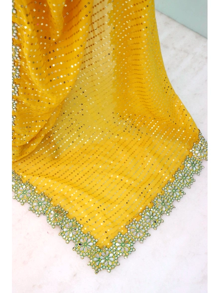 Yellow Georgette Mirror Work Saree-Yellow-5
