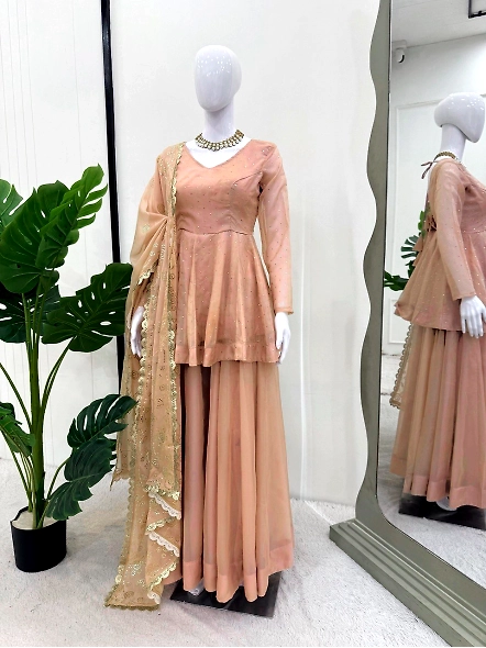 Tabby Organza Kurta Set-Beige-M-2