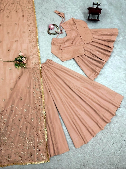 Tabby Organza Kurta Set-Beige-M-4