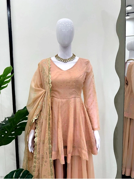 Tabby Organza Kurta Set-Beige-XL-3