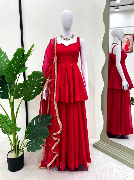Tabby Organza Kurta Set-Red-M-1