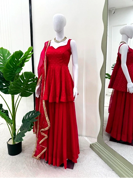 Tabby Organza Kurta Set-Red-XXL-2