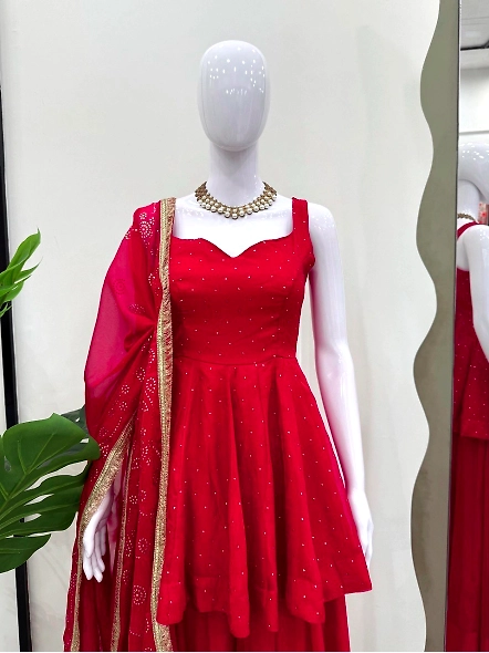Tabby Organza Kurta Set-Red-XXL-3