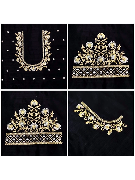 Luxurious Taffeta Silk Embroidery Blouse Fabric-Black-3