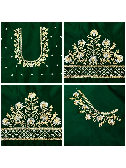 Luxurious Taffeta Silk Embroidery Blouse Fabric-Green-3