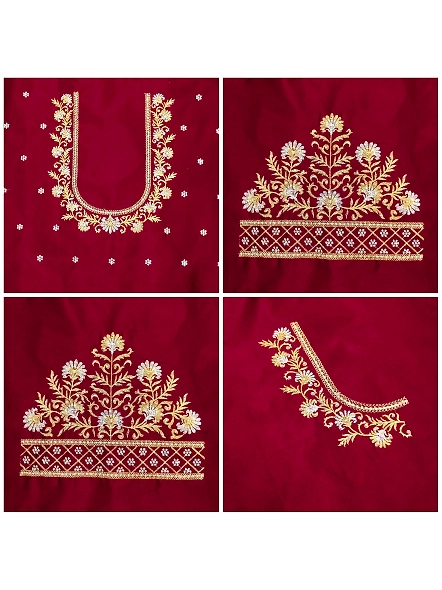 Luxurious Taffeta Silk Embroidery Blouse Fabric-Maroon-3