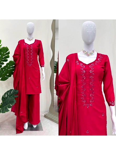 Red Chinon Silk Fabric Salwar Suit