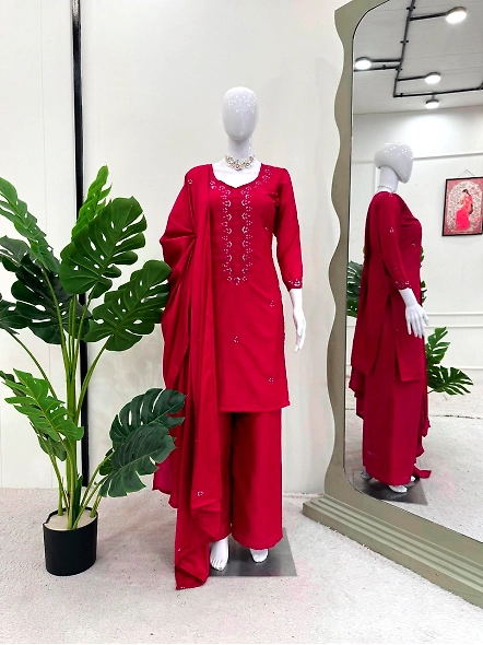 Red Chinon Silk Fabric Salwar Suit-M-Red