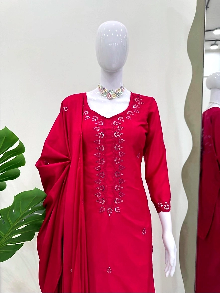 Red Chinon Silk Fabric Salwar Suit-Red-M-3