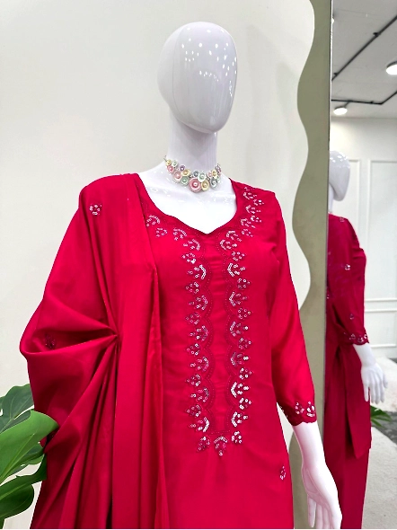 Red Chinon Silk Fabric Salwar Suit-Red-XL-4