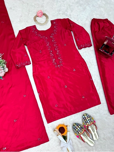 Red Chinon Silk Fabric Salwar Suit-Red-XL-5