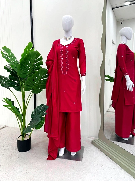 Red Chinon Silk Fabric Salwar Suit-Red-XXL-2