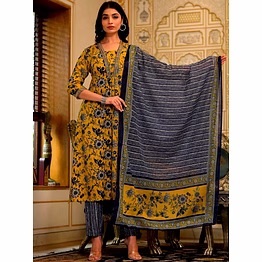 shiv mustard cotton blend floral printed thread work a-line kurta