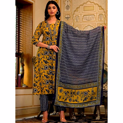shiv mustard cotton blend floral printed thread work a-line kurta