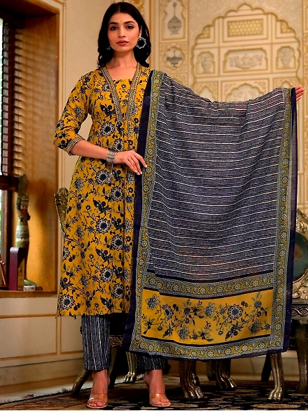 Mustard Cotton Blend Floral Printed Thread Work A-Line Kurta