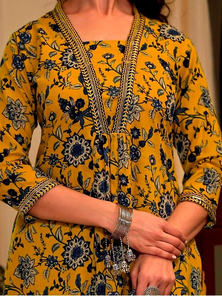 Mustard Cotton Blend Floral Printed Thread Work A-Line Kurta-S