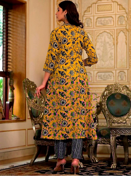 Mustard Cotton Blend Floral Printed Thread Work A-Line Kurta-M-4