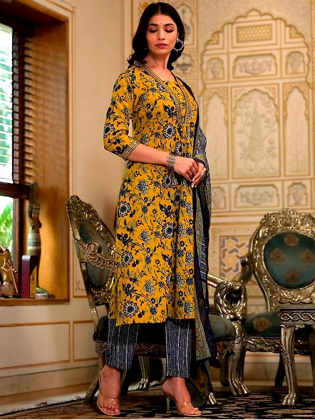 Mustard Cotton Blend Floral Printed Thread Work A-Line Kurta-L-2