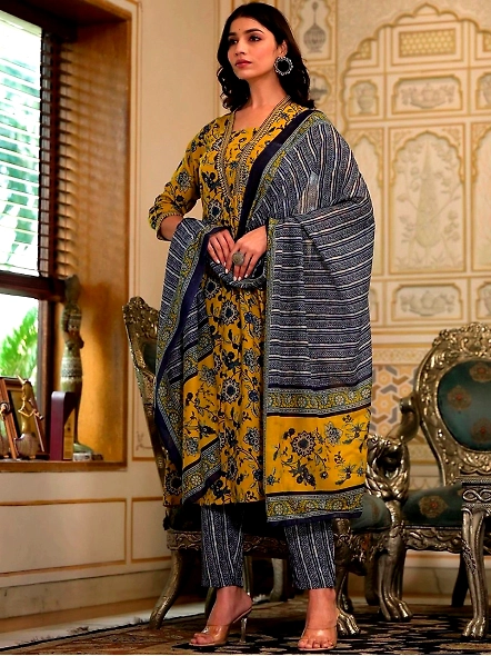Mustard Cotton Blend Floral Printed Thread Work A-Line Kurta-L-3