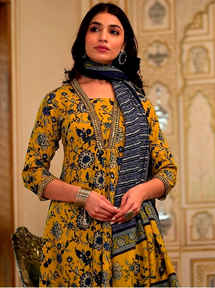 Mustard Cotton Blend Floral Printed Thread Work A-Line Kurta-XL-5