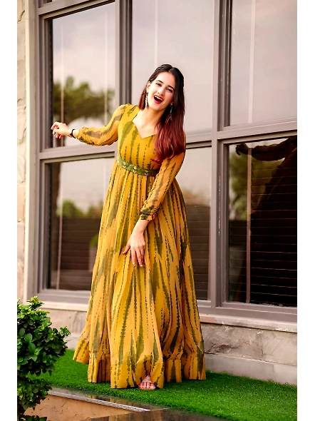 Mustred Shibori Printed Georgette Stitched Flared/A-line Gown With Belt-S-3