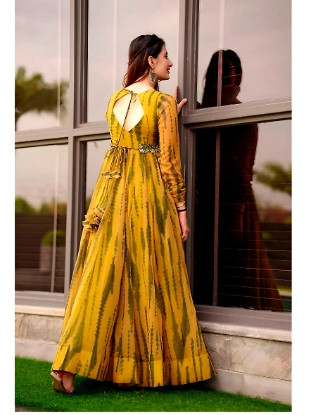Mustred Shibori Printed Georgette Stitched Flared/A-line Gown With Belt-M-1