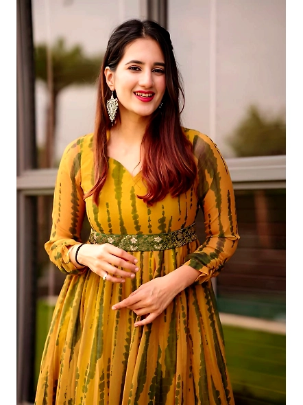 Mustred Shibori Printed Georgette Stitched Flared/A-line Gown With Belt-L-2