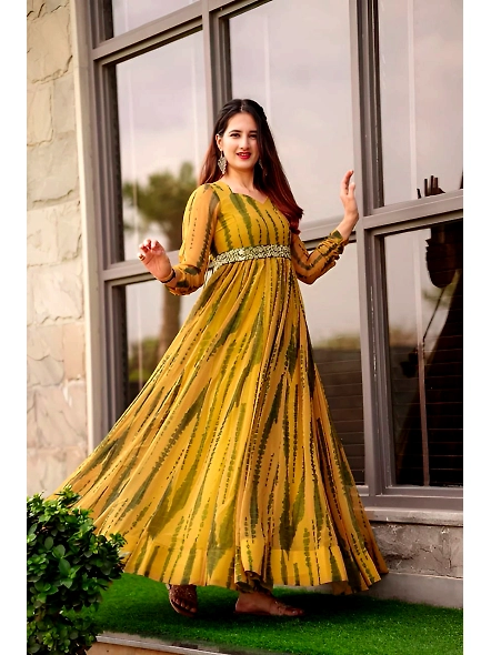 Mustred Shibori Printed Georgette Stitched Flared/A-line Gown With Belt-Delta_XL
