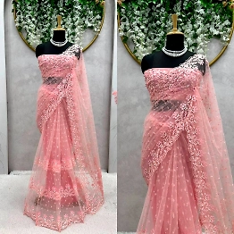 KINJAL Designer Sequence Thread Work Soft Net Wedding Wear Saree Blouse